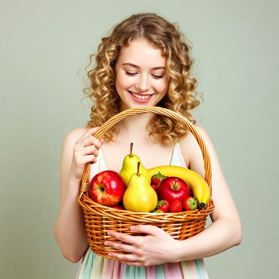 Woman holding basket of fresh fruit