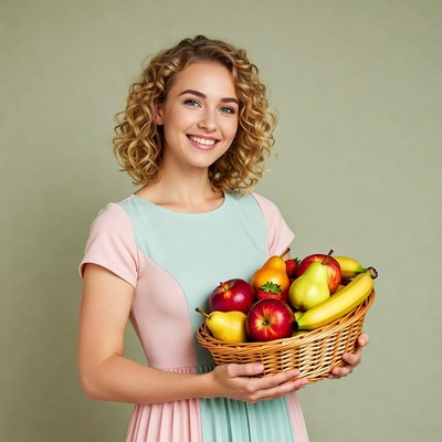 Woman holding basket of fresh fruit