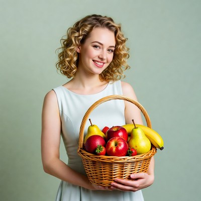 Woman holding basket of fresh fruit