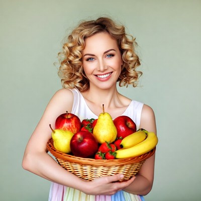 Blonde woman holding fruit basket