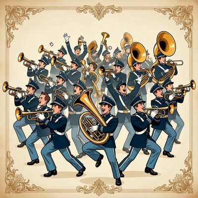 Marching Band Men Playing Brass Instruments