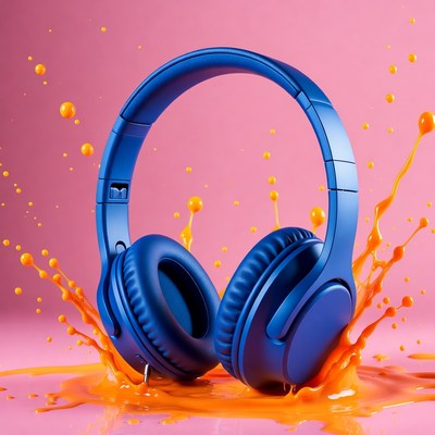 Blue Headphones in Orange Splashes