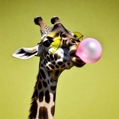 Giraffe blowing pink bubblegum sunglasses