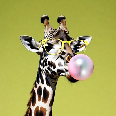 Giraffe blowing bubblegum with sunglasses