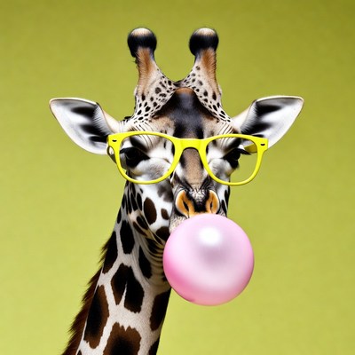 Giraffe blowing pink bubblegum with sunglasses