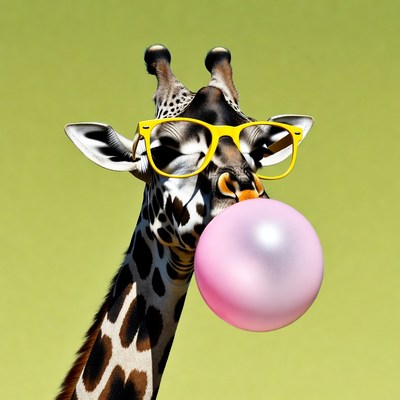 Giraffe blowing pink bubblegum