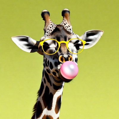 Giraffe blowing bubblegum with sunglasses