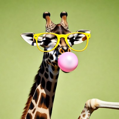Giraffe blowing pink bubblegum with sunglasses
