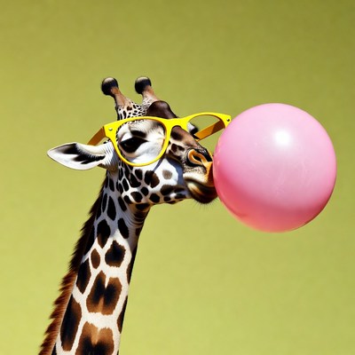 Giraffe blowing pink bubblegum with sunglasses