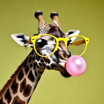 Giraffe blowing pink bubblegum with glasses