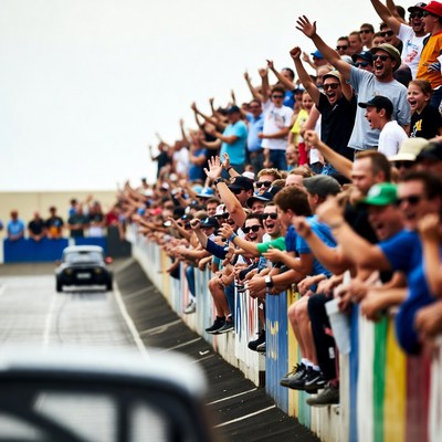 Crowd cheering drag race cars