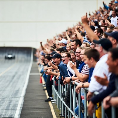 Crowd cheering race car on track