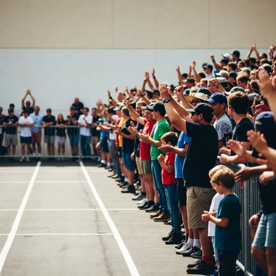 Crowd cheering along racetrack fence