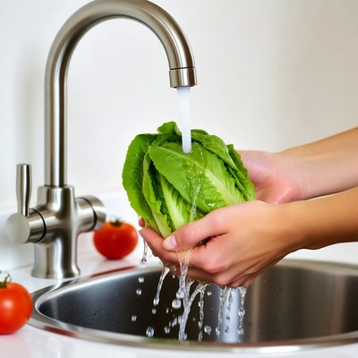 Woman washing lettuce under faucet