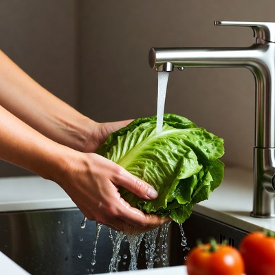 Woman Washing Lettuce Under Faucet
