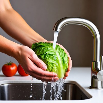 Woman washing lettuce under faucet
