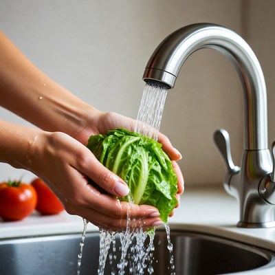 Woman Washing Lettuce Under Sink