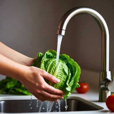 Woman washing lettuce under faucet