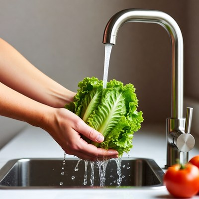 Woman Washing Lettuce Under Faucet
