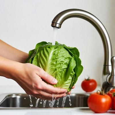 Woman washing lettuce under faucet