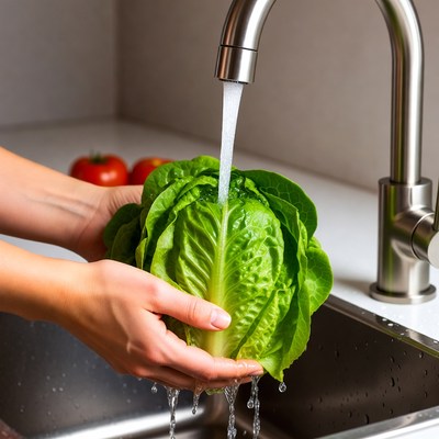 Woman washing lettuce under faucet