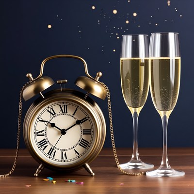 Gold Alarm Clock with Champagne Glasses
