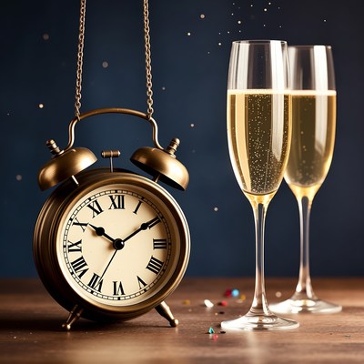 Gold Alarm Clock with Champagne Glasses