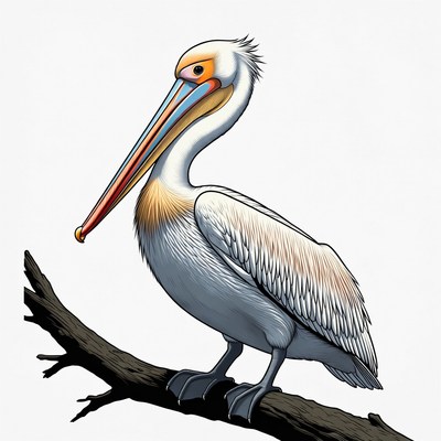White pelican perched on branch