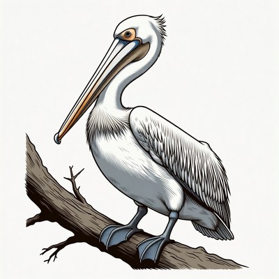 White pelican perched on branch