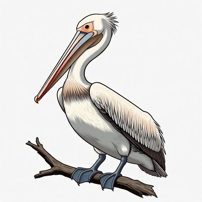 White pelican perched on branch