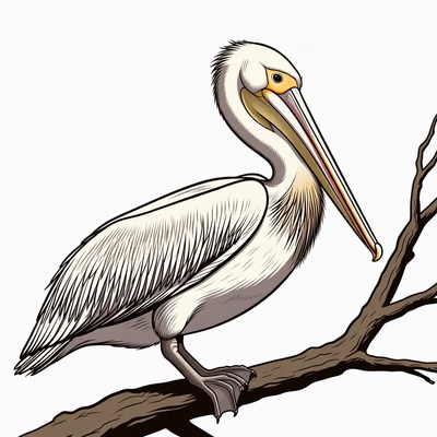 White pelican perched on branch