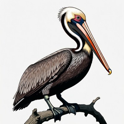 Brown Pelican perched on branch