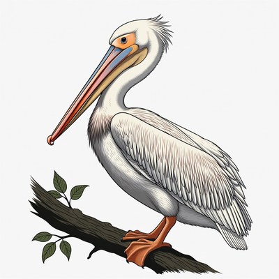 White pelican perched on branch