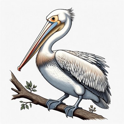 White pelican perched on branch