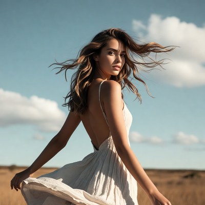 Woman in white dress twirling in field