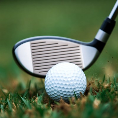 Golf club hitting ball on grass