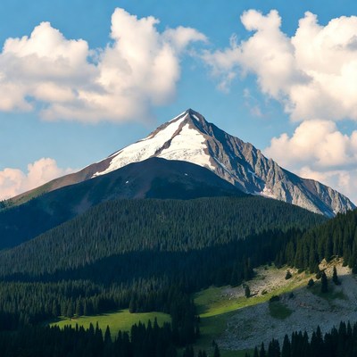 Snow-capped mountain peak with forests