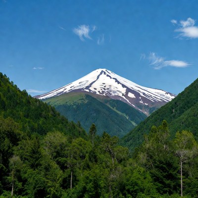 Snow-capped volcano in green valley