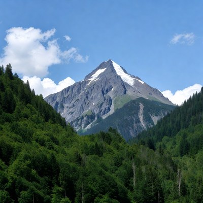 Snow-capped mountain peak with forests