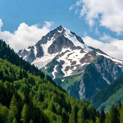 Snowy Mountain Peak with Green Forests