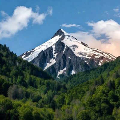 Snow-Capped Mountain Peak in Forest Valley