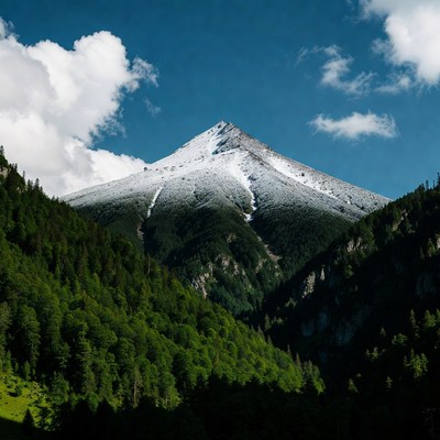 Snow-capped mountain peak with green forests
