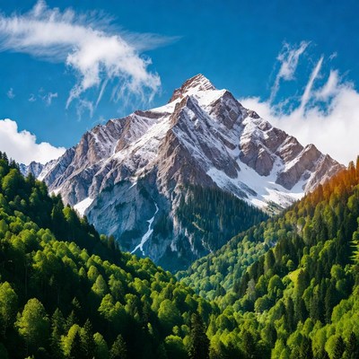 Snowy Mountain Peak with Green Forest Valley