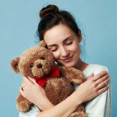 Woman hugging teddy bear