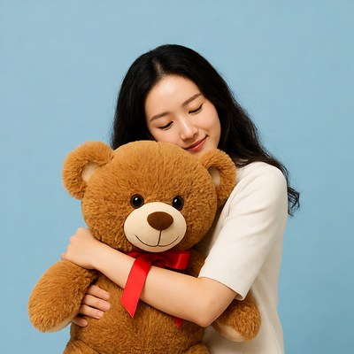 Asian woman hugging teddy bear