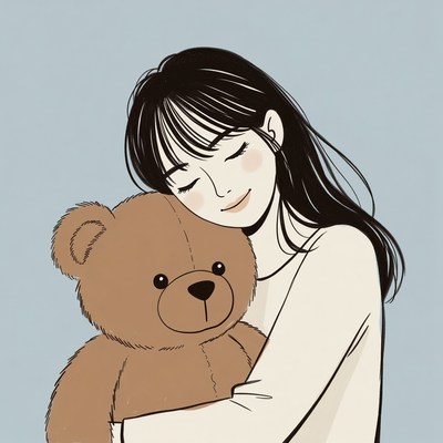 Asian girl hugging teddy bear