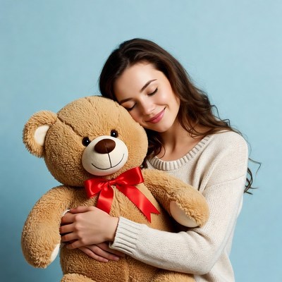 Woman hugging teddy bear