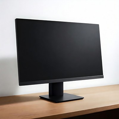 Black monitor on wooden desk