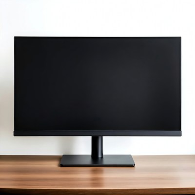 Black monitor on wooden desk