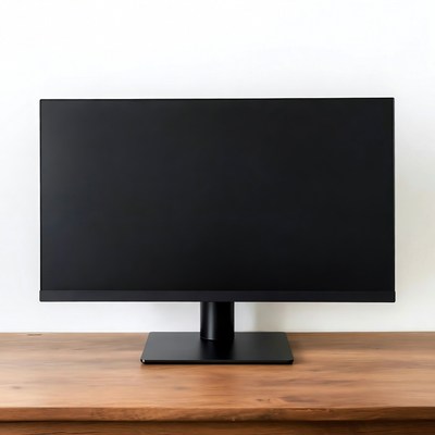 Black monitor on wooden desk